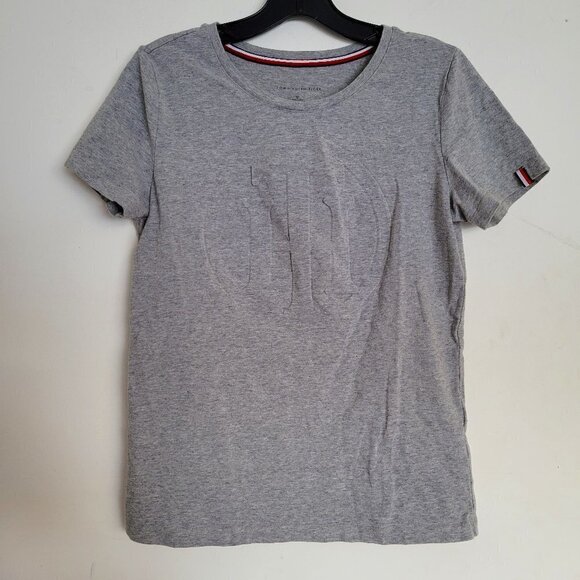 Tommy Hilfiger Heather Gray Embossed Logo Cotton T-Shirt Short Sleeve Top Small - Picture 1 of 10